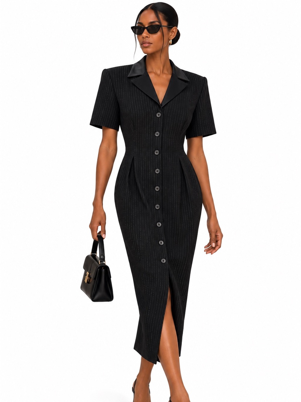 VINTAGE 90's Y2K Classic Black Pinstripe Belted Midi Dress